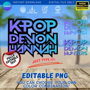 May include: Digital graphic design featuring the words "KPOP DENON HANNAH" in a gradient blue and purple color scheme. Additional text includes "EDITABLE PNG" and "YOU CAN CHOOSE YOUR OWN COLOR COMBINATION!" on a wooden background.