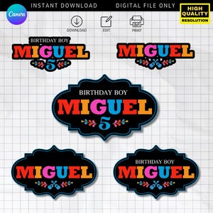 May include: Digital file featuring birthday-themed designs. The designs include the name "MIGUEL" in vibrant colors, the number "5", and decorative elements. The text "BIRTHDAY BOY" is also included. High-quality resolution.