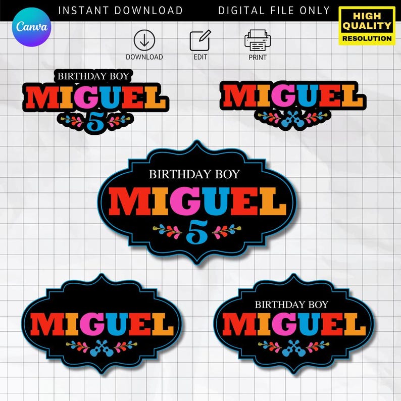May include: Digital file featuring birthday-themed designs. The designs include the name "MIGUEL" in vibrant colors, the number "5", and decorative elements. The text "BIRTHDAY BOY" is also included. High-quality resolution.