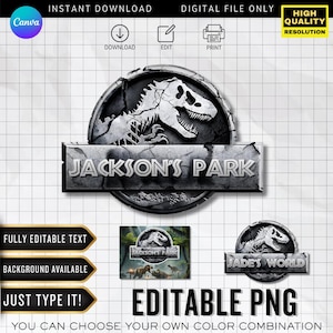 Bewerkbaar Jurassic Park-logo | Aangepast lettertype | Gepersonaliseerde PNG | Verjaardagsdecoratie (digitale download op canvas)