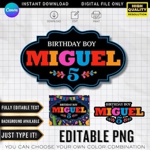 May include: Digital birthday party sign featuring the name "MIGUEL" in vibrant colors, with the number "5". The design includes the text "BIRTHDAY BOY" and decorative floral elements. The image also includes the text "EDITABLE PNG" and "YOU CAN CHOOSE YOUR OWN COLOR COMBINATION".