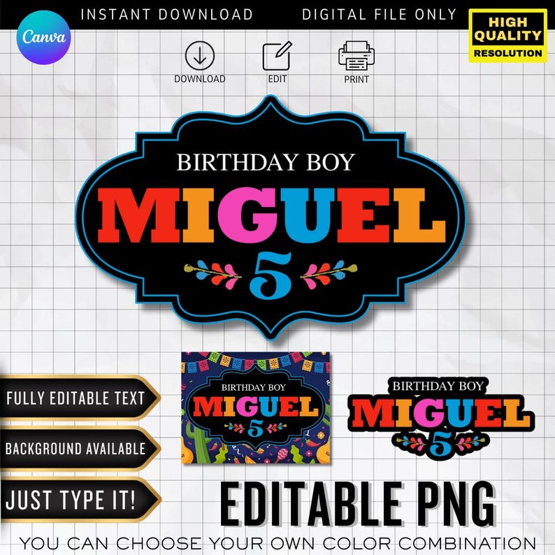 May include: Digital birthday party sign featuring the name "MIGUEL" in vibrant colors, with the number "5". The design includes the text "BIRTHDAY BOY" and decorative floral elements. The image also includes the text "EDITABLE PNG" and "YOU CAN CHOOSE YOUR OWN COLOR COMBINATION".