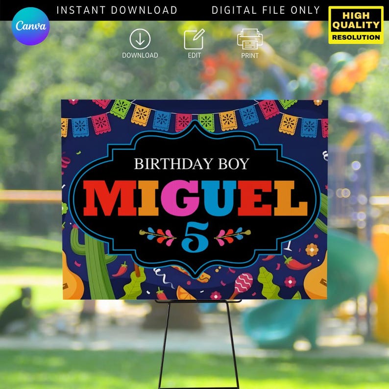 May include: A colorful birthday sign featuring the name "MIGUEL" in vibrant letters and the number "5". The design includes festive decorations like papel picado banners, cacti, and guitars, set against a dark blue background. The sign is displayed on a black easel.