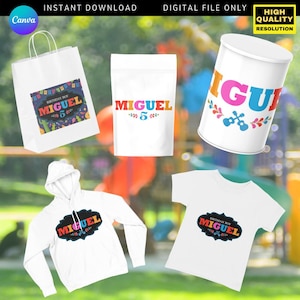 May include: A collection of white apparel and party supplies featuring the name "MIGUEL" and the number "5". Items include a tote bag, a pouch, a cylindrical container, a hoodie, and a t-shirt. The design incorporates colorful text and decorative elements.