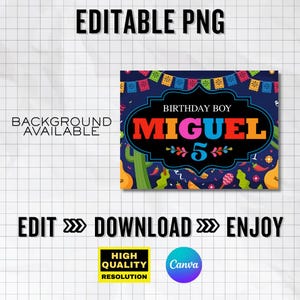 May include: A colorful birthday party invitation with the name "MIGUEL" in large, vibrant letters. The design includes festive elements like cacti, maracas, and a "5" to mark the age. The text "EDITABLE PNG" and "BACKGROUND AVAILABLE" are also present.