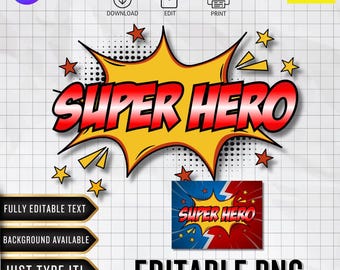 Logotipo de superhéroe editable / Fuente personalizada / PNG personalizado / Decoración de cumpleaños (Descarga digital de Canva)