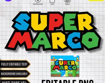 Logotipo editable de Super Mario / Fuente personalizada / PNG personalizado / Decoración de cumpleaños (Descarga digital de Canva)