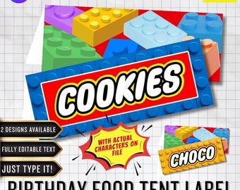 Etiqueta de comida editable con bloques de construcción/Decoración de cumpleaños (descarga digital de Canva)