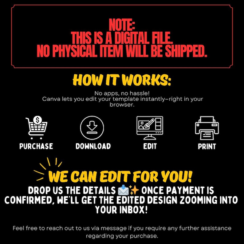 May include: Black graphic with red and yellow text. The text reads "NOTE: THIS IS A DIGITAL FILE. NO PHYSICAL ITEM WILL BE SHIPPED." and "HOW IT WORKS: PURCHASE, DOWNLOAD, EDIT, PRINT." Additional text: "WE CAN EDIT FOR YOU!" and "DROP US THE DETAILS..."