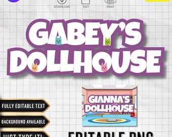 Logotipo editable de la casa de muñecas Gabbys / Fuente personalizada / PNG personalizado / Decoración de cumpleaños (Descarga digital de Canva)