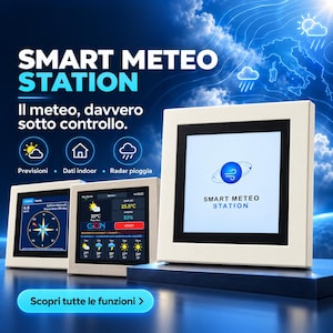 May include: Three square smart weather station devices with white frames and black screens. The screens display weather data, including wind direction, temperature, humidity, and rain radar. The text SMART METEO STATION is visible on the screens.
