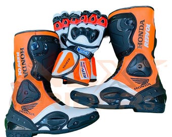 Honda Repsol Motorcycle Racing Boots & Gloves Set – CE Approved Genuine Leather MotoGP Riding Gear
