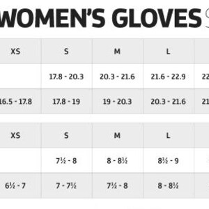 May include: A size chart for gloves, with the text "MEN'S AND WOMEN'S GLOVES SIZE CHART" at the top. The chart includes international sizes, men's hand measurements in inches and centimeters, and women's hand measurements in inches and centimeters.