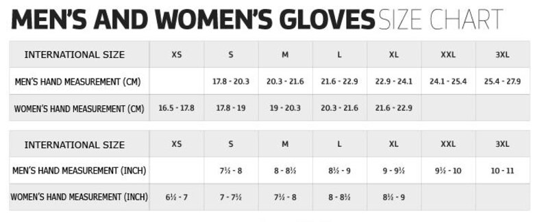 May include: A size chart for gloves, with the text "MEN'S AND WOMEN'S GLOVES SIZE CHART" at the top. The chart includes international sizes, men's hand measurements in inches and centimeters, and women's hand measurements in inches and centimeters.