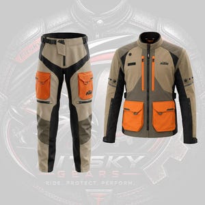 May include: A motorcycle riding suit consisting of a jacket and trousers in tan, black, and orange. The jacket features a stand-up collar, vertical chest pockets, and large lower pockets. The trousers have a belted waist and orange cargo pockets.