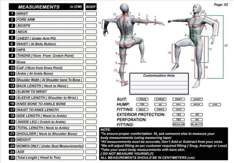 Op de afbeelding: Een lichaamsmatentabel in centimeters, met een diagram van een menselijke figuur. Het toont meetpunten zoals pols, onderarm, biceps, nek, borst, taille, heupen, dijen, knie, kuit en enkel. Bevat ook een aanpassingsnotitie.