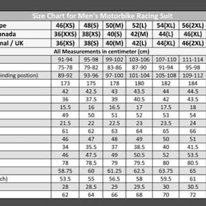 Op de afbeelding: Maattabel voor motorracepakken voor heren, metingen in centimeters. Inclusief borst, taille, heup, volledige lengte, rug, voorkant, schouder, kraag, manchet, mouwlengte, knie, elleboog, rug, binnenbeenlengte, voorkant, dij, enkel en kruis.