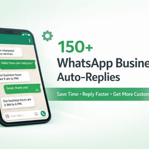 Pode incluir: Um smartphone exibe uma interface de bate-papo do WhatsApp Business com respostas automáticas. A tela mostra uma conversa com o texto "Hi, I'm interested in your services." e "Hello! How can I help you?" A imagem também inclui o texto "150+ WhatsApp Business Auto-Replies."