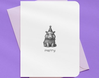 Hippopotamus For Christmas Tree Lights Funny Holiday Card | A2 Size 330 GSM Ultra Thick Cardstock