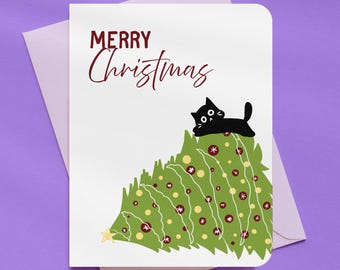 Merry Christmas Black Cat Holiday Card | A2 Size 330 GSM Ultra Thick Cardstock
