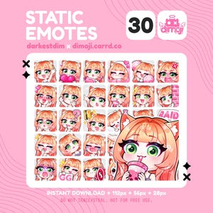 Puede incluir: Gráfico rosa con 30 emoticonos estáticos con temática de chica gato de dibujos animados. Los emoticonos muestran varias expresiones y acciones. El texto incluye "STATIC EMOTES", "dimoji" y "descarga instantánea".