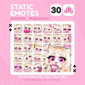 Pode incluir: Um gráfico rosa com 30 emotes estáticos de uma garota de desenho animado com cabelo loiro e orelhas de gato. O texto "STATIC EMOTES" e "dimoji.carrd.co" são visíveis. A imagem também inclui o texto "INSTANT DOWNLOAD".