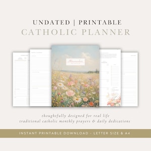 Può includere: Un'agenda cattolica stampabile non datata con una copertina centrale raffigurante un dipinto di un prato di fiori selvatici e il testo Homemakers Planner. Attorno alla copertina ci sono quattro pagine interne bianche con righe.