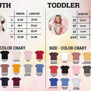 May include: A size and color chart for youth and toddler t-shirts. The image includes two tables with width and length measurements in inches for sizes S through XL and 2T through 5/6T, alongside color swatches labeled with names like white, black, and heather.