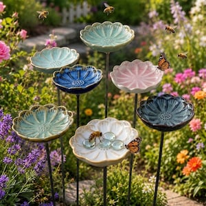 Ceramic Bee Waterer Dish with Stake – Pollinator Butterfly Puddler Drinking Station Garden Decor Art