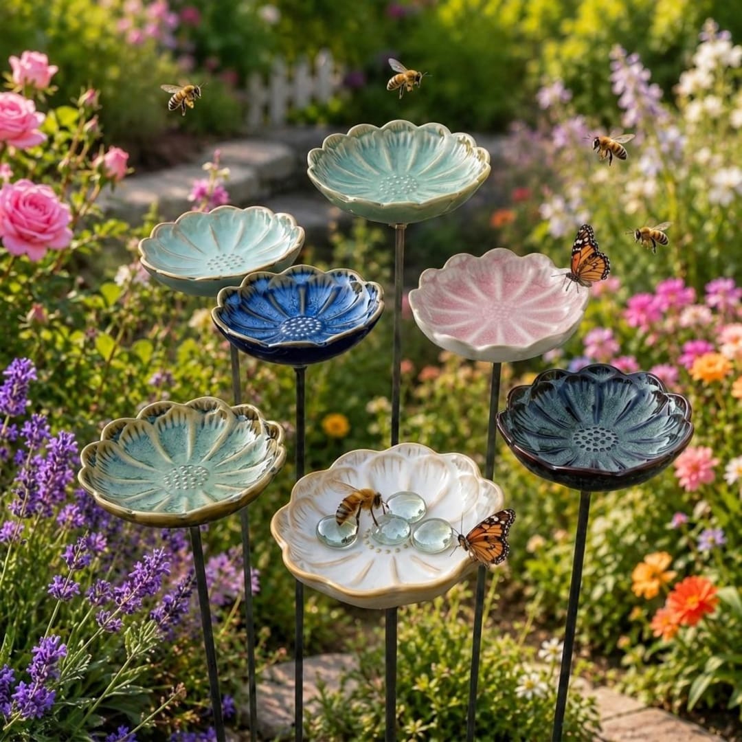 Ceramic Bee Waterer Dish with Stake – Pollinator Butterfly Puddler Drinking Station Garden Decor Art