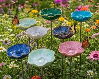 Ceramic Bee Waterer & Butterfly Feeder with Stakes | Pollinator Water Station Garden Decor Art