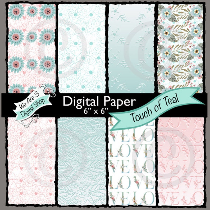 We Are 3 Digital Paper Touch of Teal Love Word Floral image 0