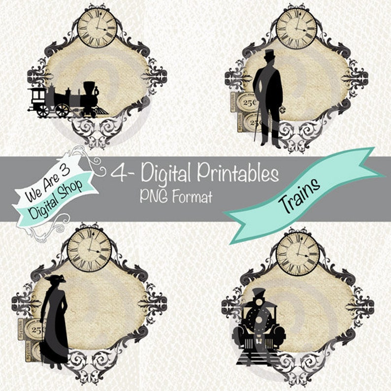 We Are 3 Digital Printables  Trains Steampunk image 0