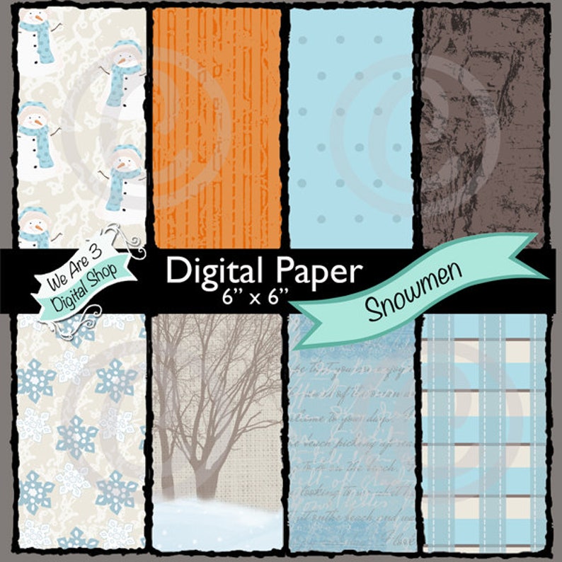 We Are 3 Digital Paper Snowmen  Plaid Snowflakes Bark image 0