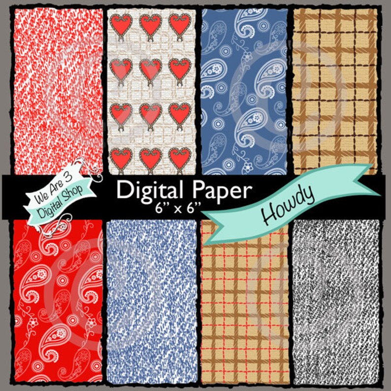 We Are 3 Digital Paper Howdy Cowboy Denim Hearts Rope image 0
