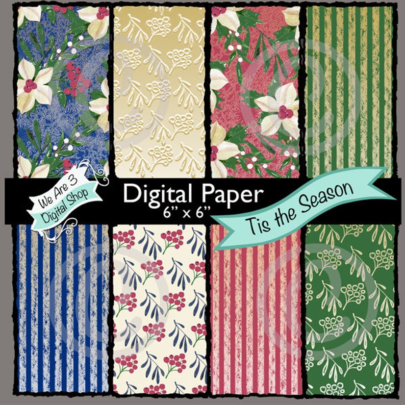 We Are 3 Digital Paper Tis the Season Vintage Floral image 0
