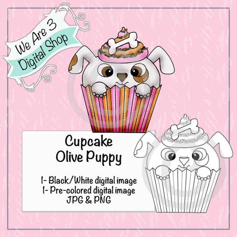 We Are 3 Cupcake Olive Puppy Pre-Colored Printable Digital image 0