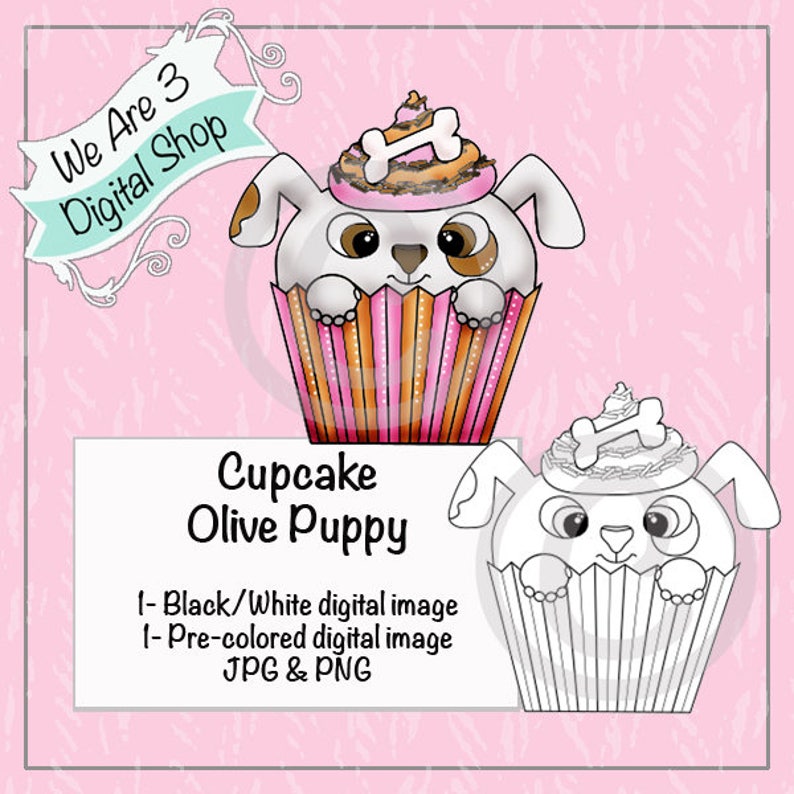 We Are 3 Cupcake Olive Puppy Pre-Colored Printable Digital image 0