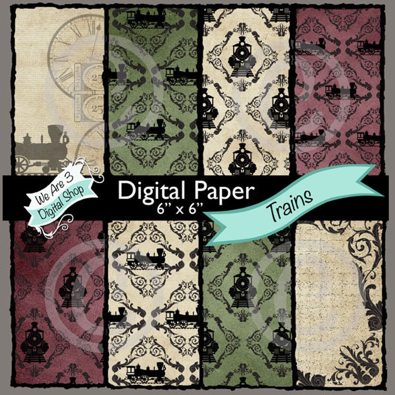 We Are 3 Digital Paper  Trains Travel Journey Steampunk image 0