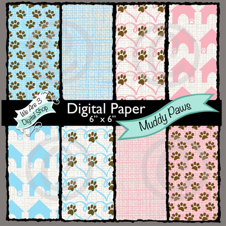 We Are 3 Digital Paper  Muddy Paws Dog Dog House Heart image 0