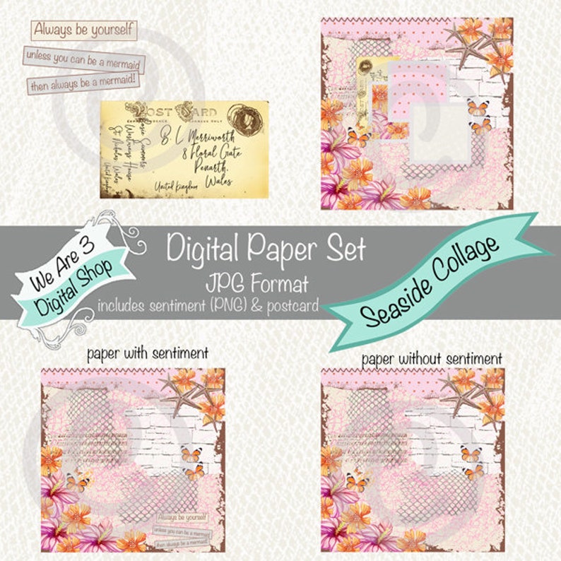 We Are 3 Digital Paper Seaside Collage sentiment and image 0