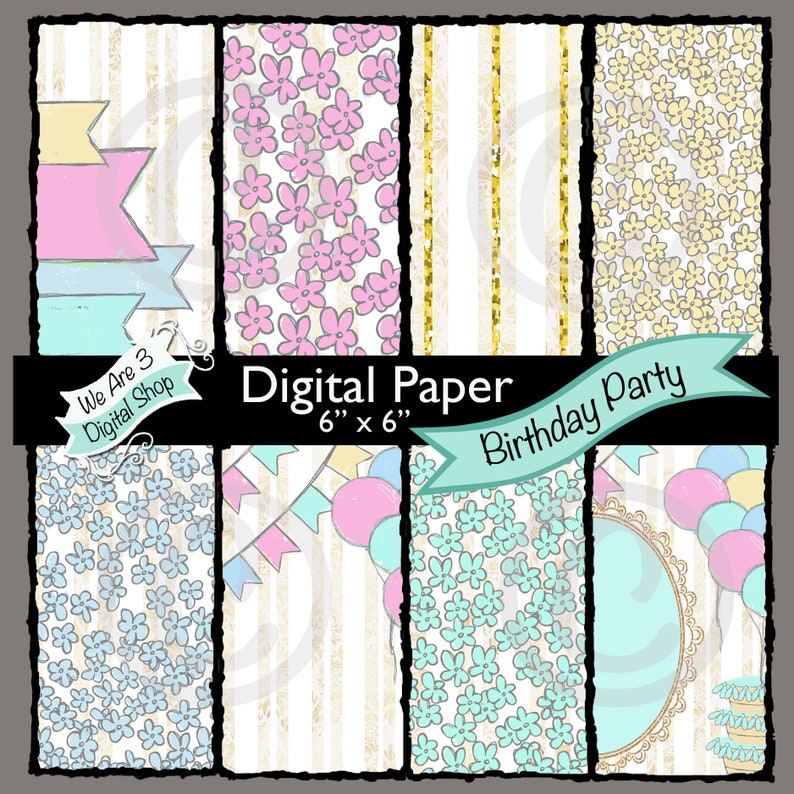 We Are 3 Digital Paper  Birthday Party Balloons Banner image 0