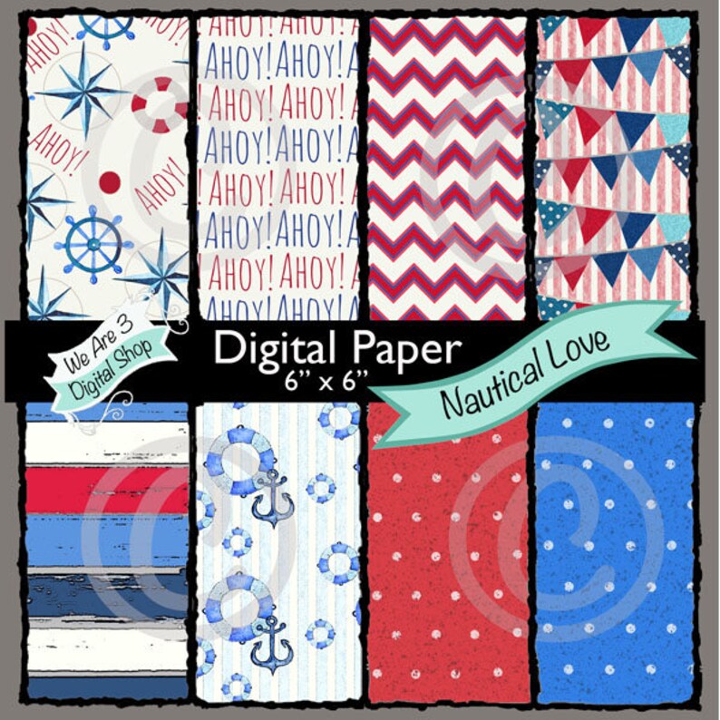 We Are 3 Digital Paper Nautical Love Valentines Red White image 0