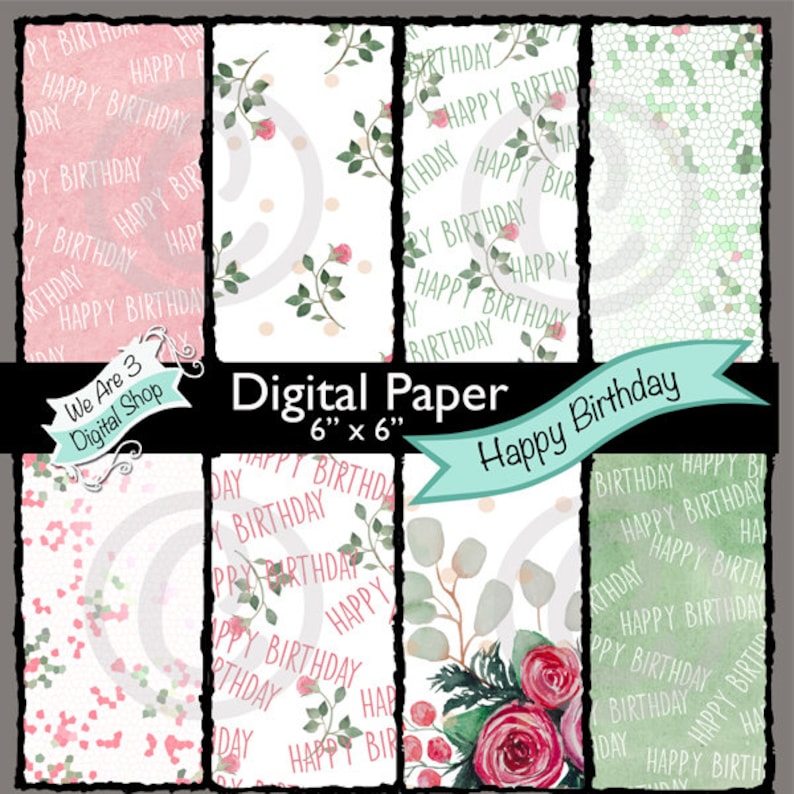 We Are 3 Digital Paper  Happy Birthday Roses Floral image 0