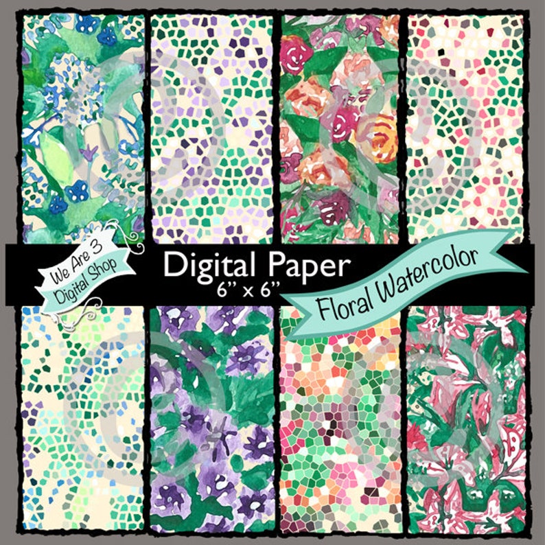 We Are 3 Digital Paper Floral Watercolor Flowers Mosaic image 0