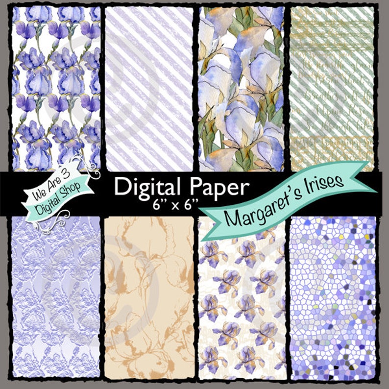 We Are 3 Digital Paper  Margaret's Irises Iris Flowers image 0