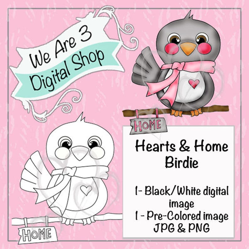 We Are 3 Digital Shop Hearts and Home Birdie Digital Stamp image 0