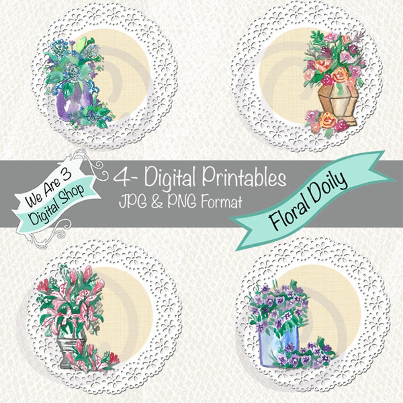 We Are 3 Digital Printables  Floral Doily  Vases image 0