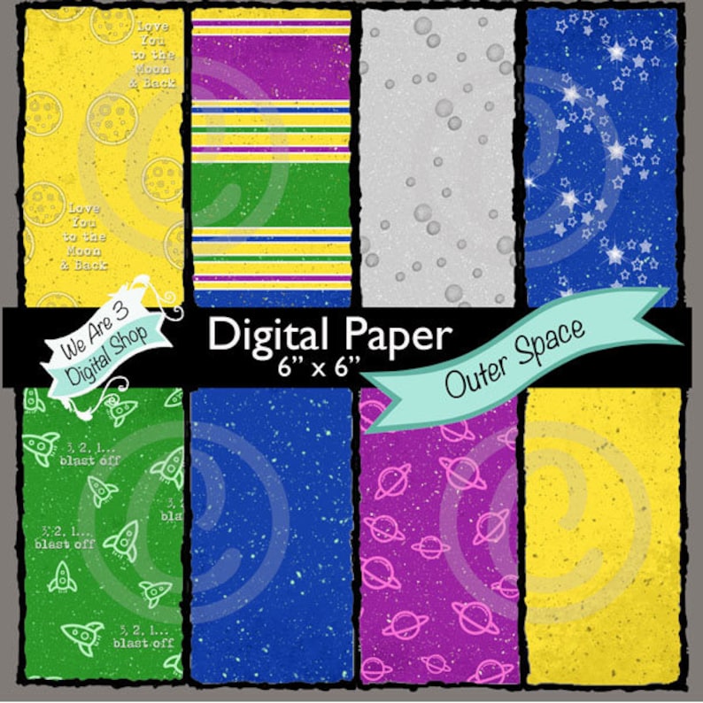 We Are 3 Digital Paper Outer Space Rocket Ship Moon Stars image 0