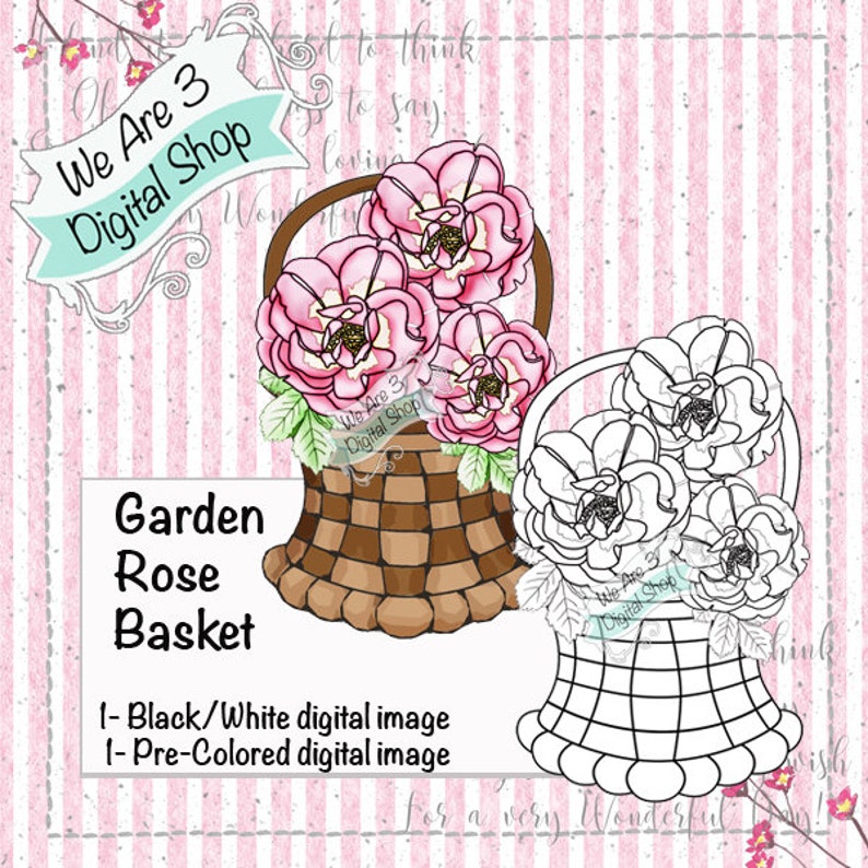 We Are 3 Digital Shop Garden Rose Basket Digital Stamp image 0